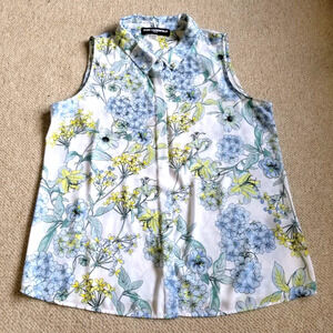 Womens Blouse-KARL LAGERFELD PARIS-white/blue floral silky button-down slvlss-L